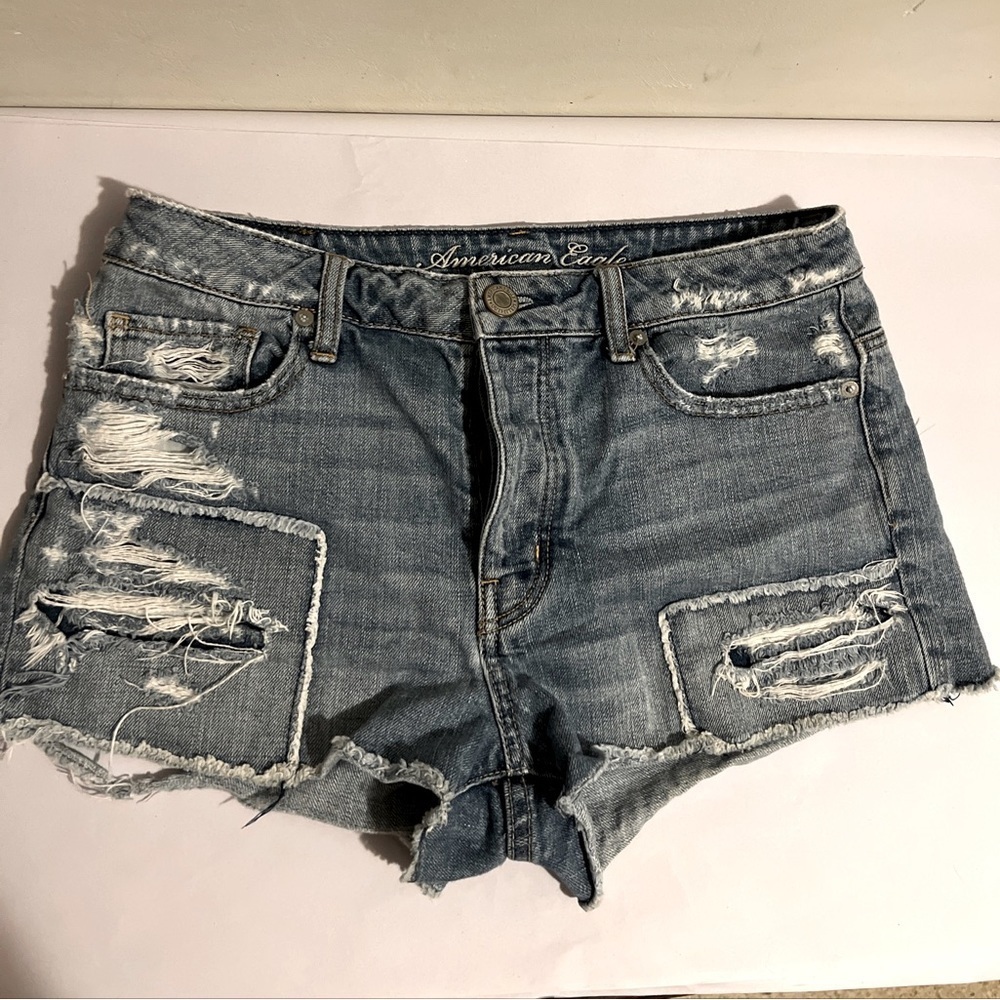American Eagle high Rise button fly Shortie Shorts Cutoff Distressed raw hem 6 - Picture 1 of 8